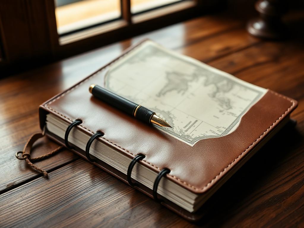 Leather notebook and fountain pen on a desk