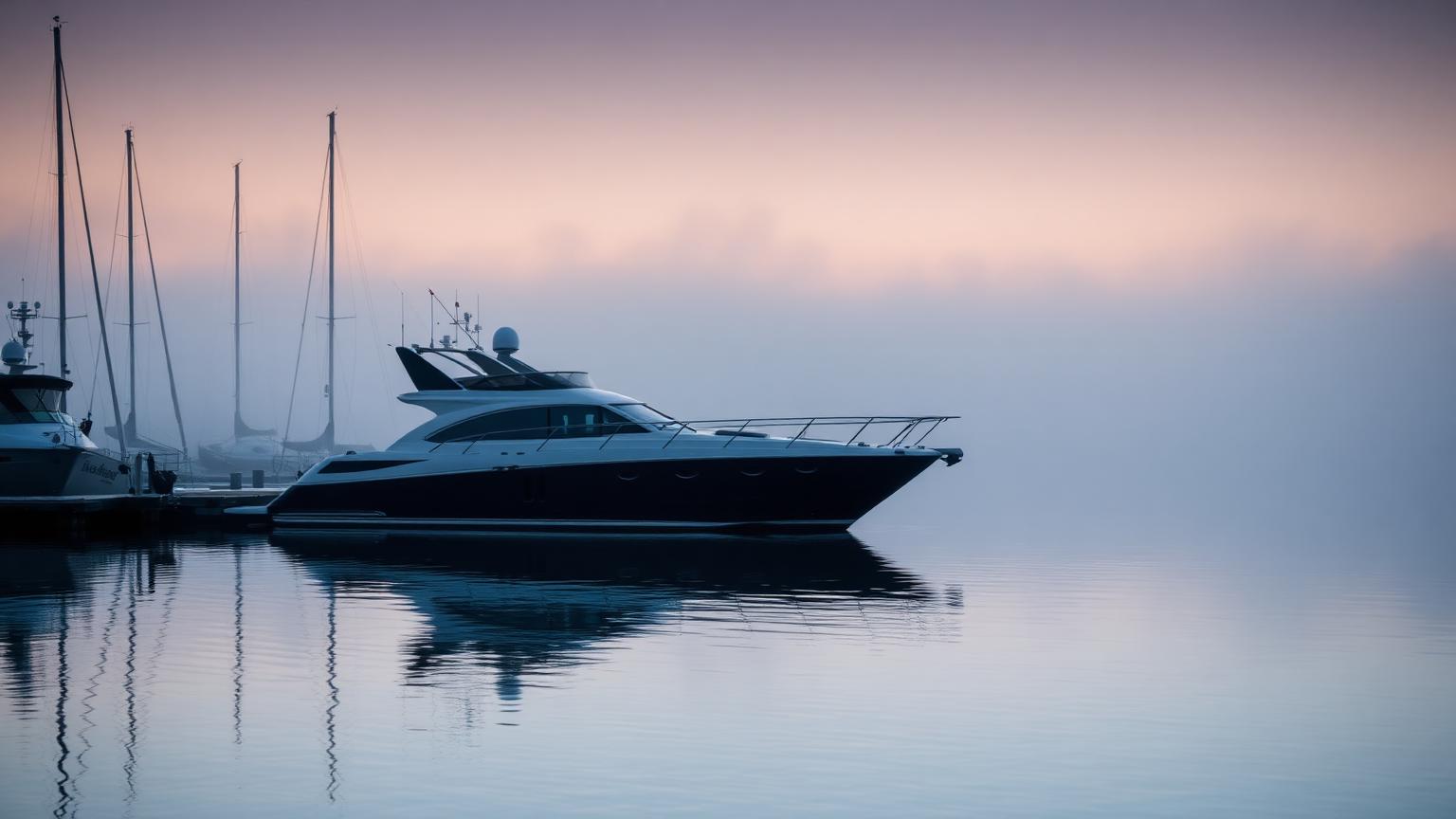 Single motor yacht moored at quiet marina at dawn