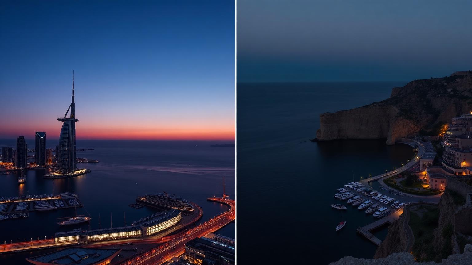 Diptych comparing Dubai marina skyline and Mediterranean cliffside harbor