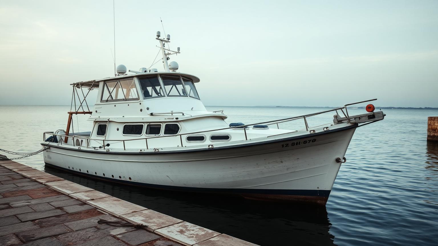 Older yacht moored at a quiet quay illustrating common buying mistakes