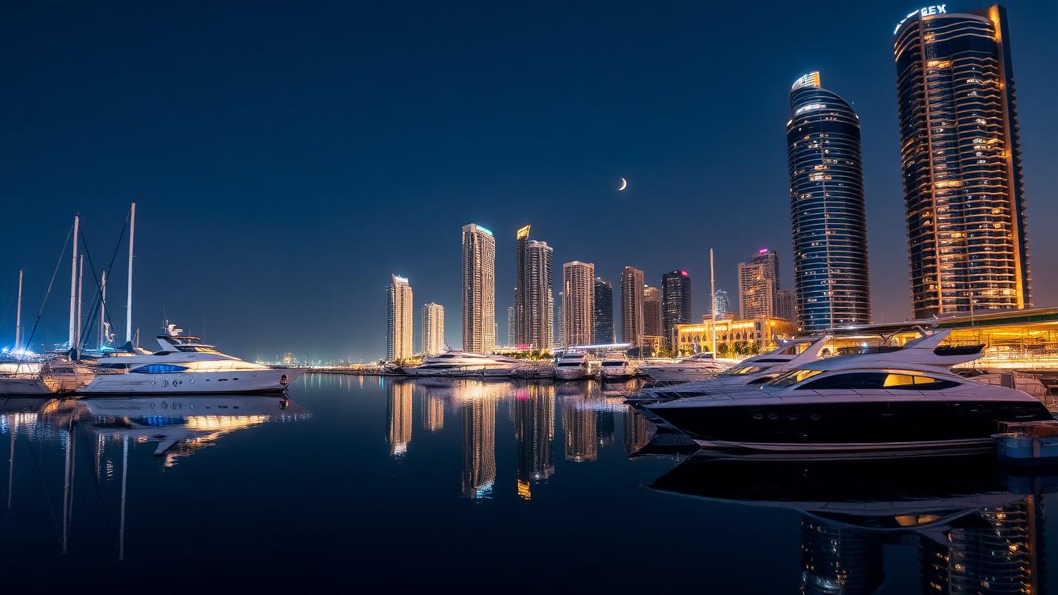 Dubai marina at blue hour with illuminated yachts