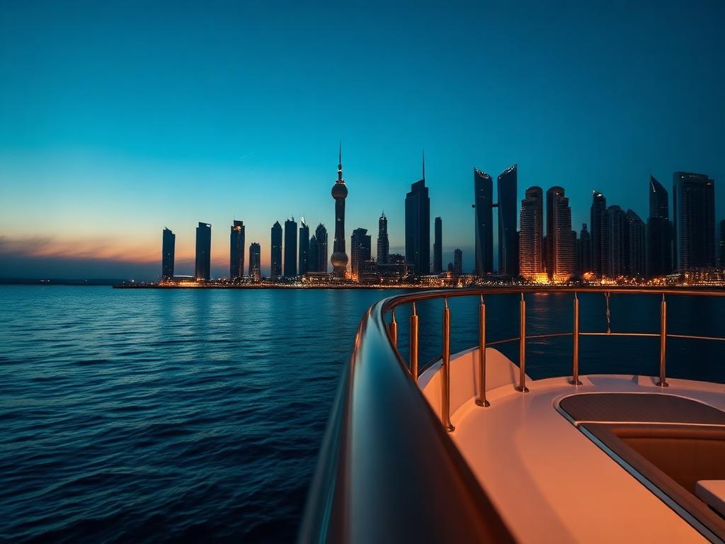 Yacht moored in Dubai Marina at golden hour