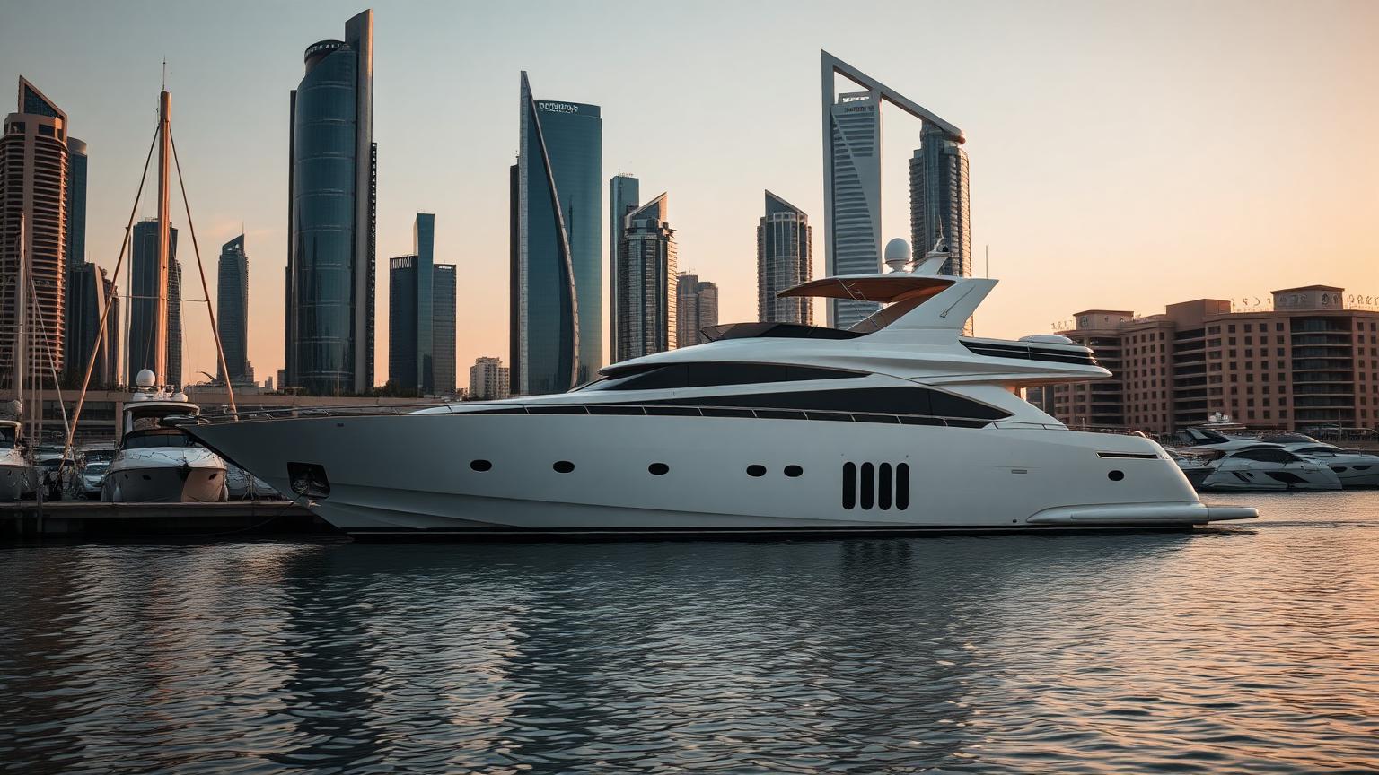 Yacht moored in Dubai Marina at golden hour