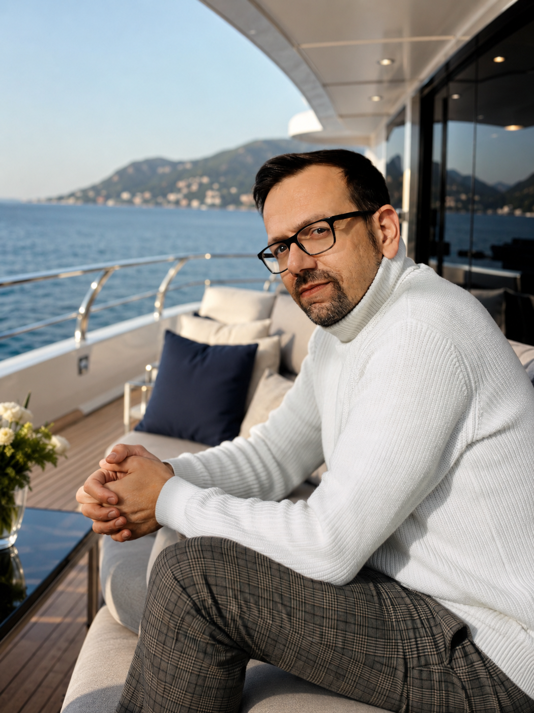 Patric Daccache on a superyacht deck overlooking the Mediterranean