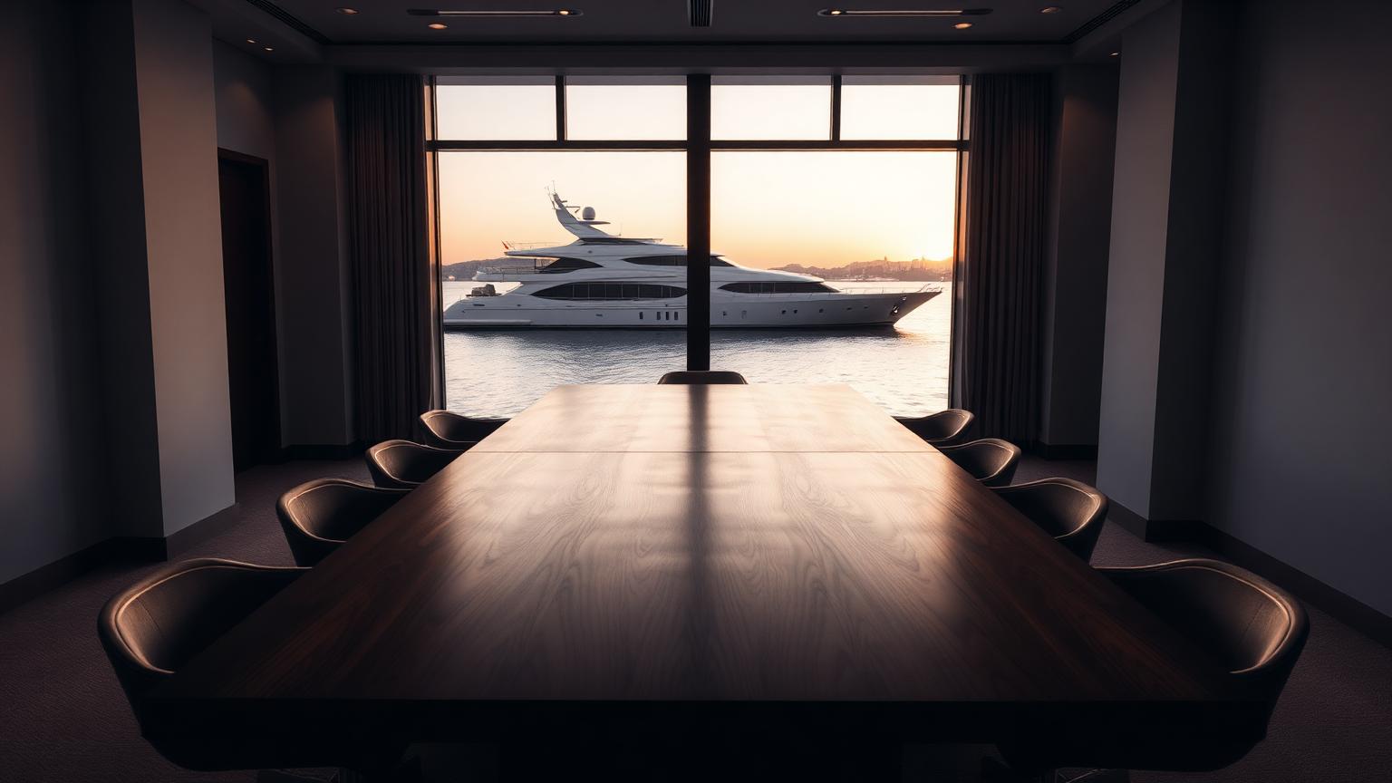 Quiet meeting room with a yacht visible through the window