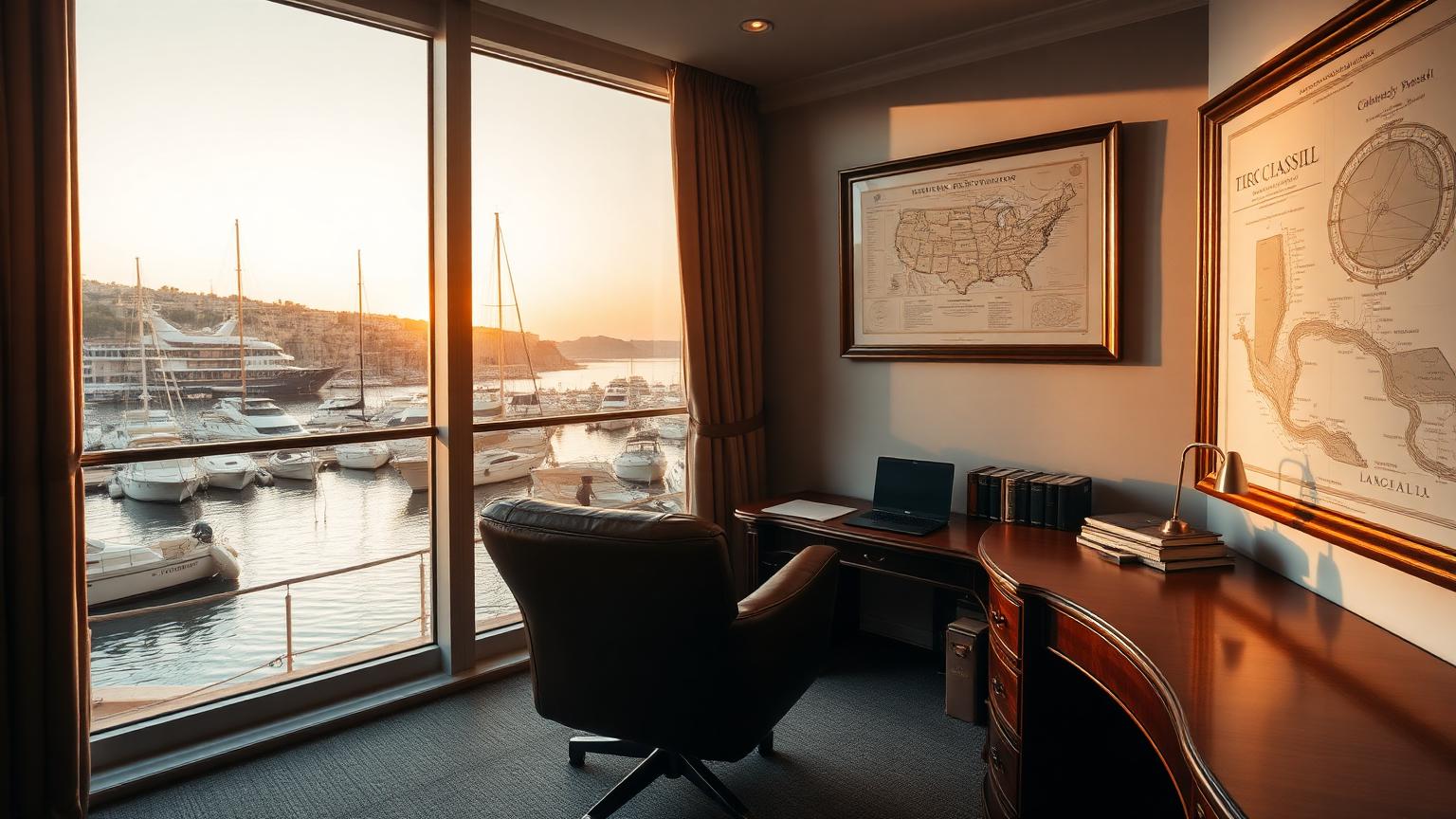 Discreet brokerage office overlooking a Mediterranean harbor at golden hour