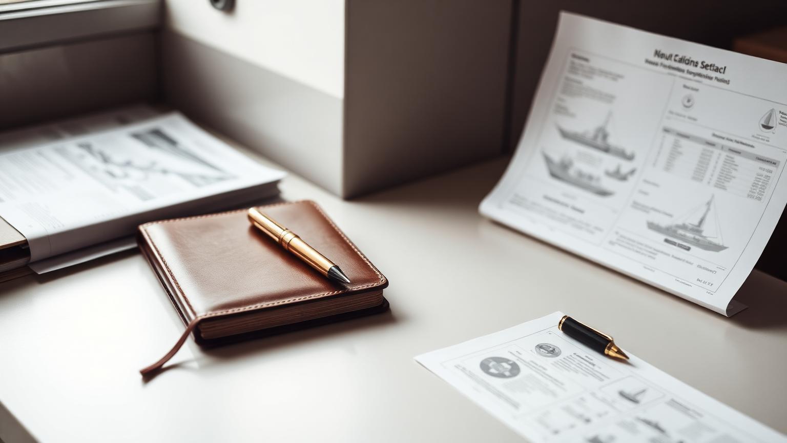 Quiet desk with a leather notebook, pen and printed yacht specification sheets
