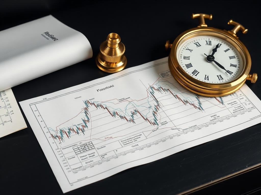 Financial chart and brass nautical instruments on a desk
