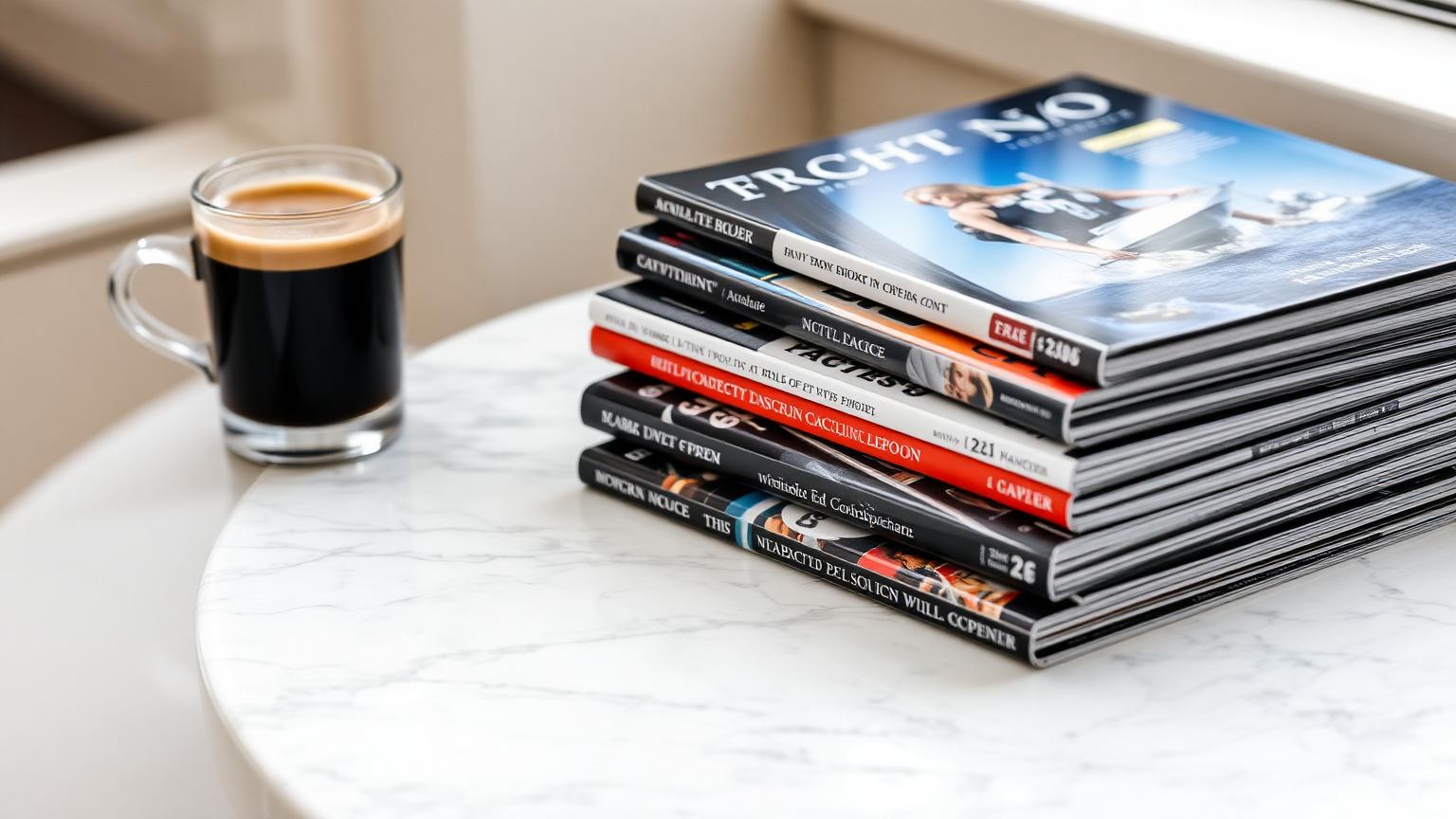 Yachting magazines and espresso on a marble table