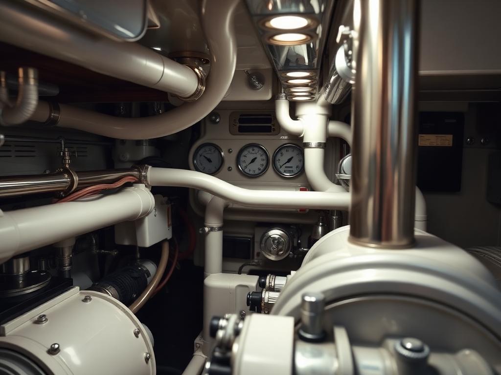 Yacht engine room with polished pipes and gauges
