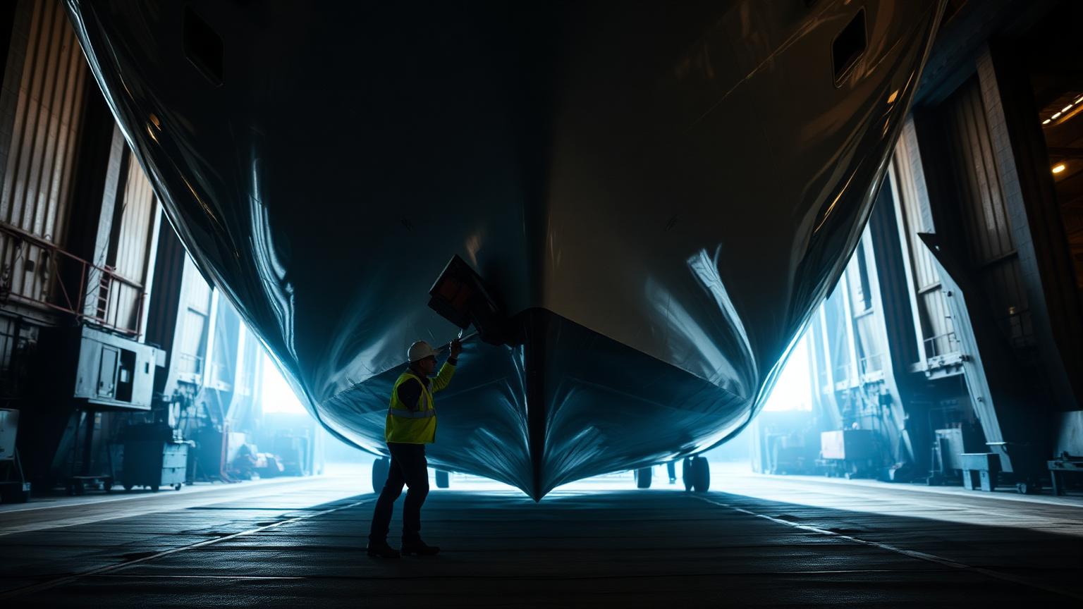 Surveyor inspecting a yacht hull in dry dock