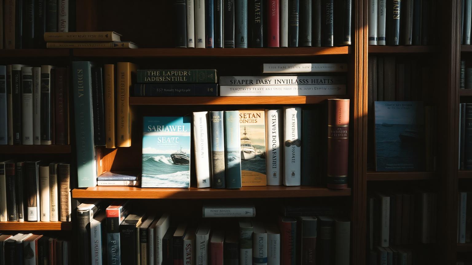 Library shelf with nautical books and atlases