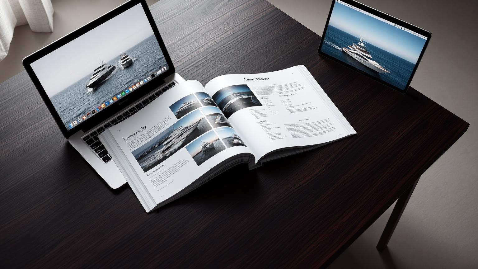 Yacht listing brochure open beside a laptop showing yacht photography
