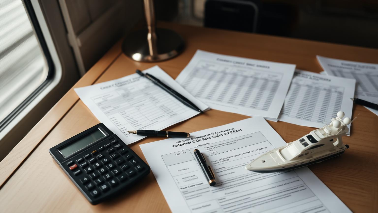 Broker desk with printed comparable-sales spreadsheets, calculator and yacht model