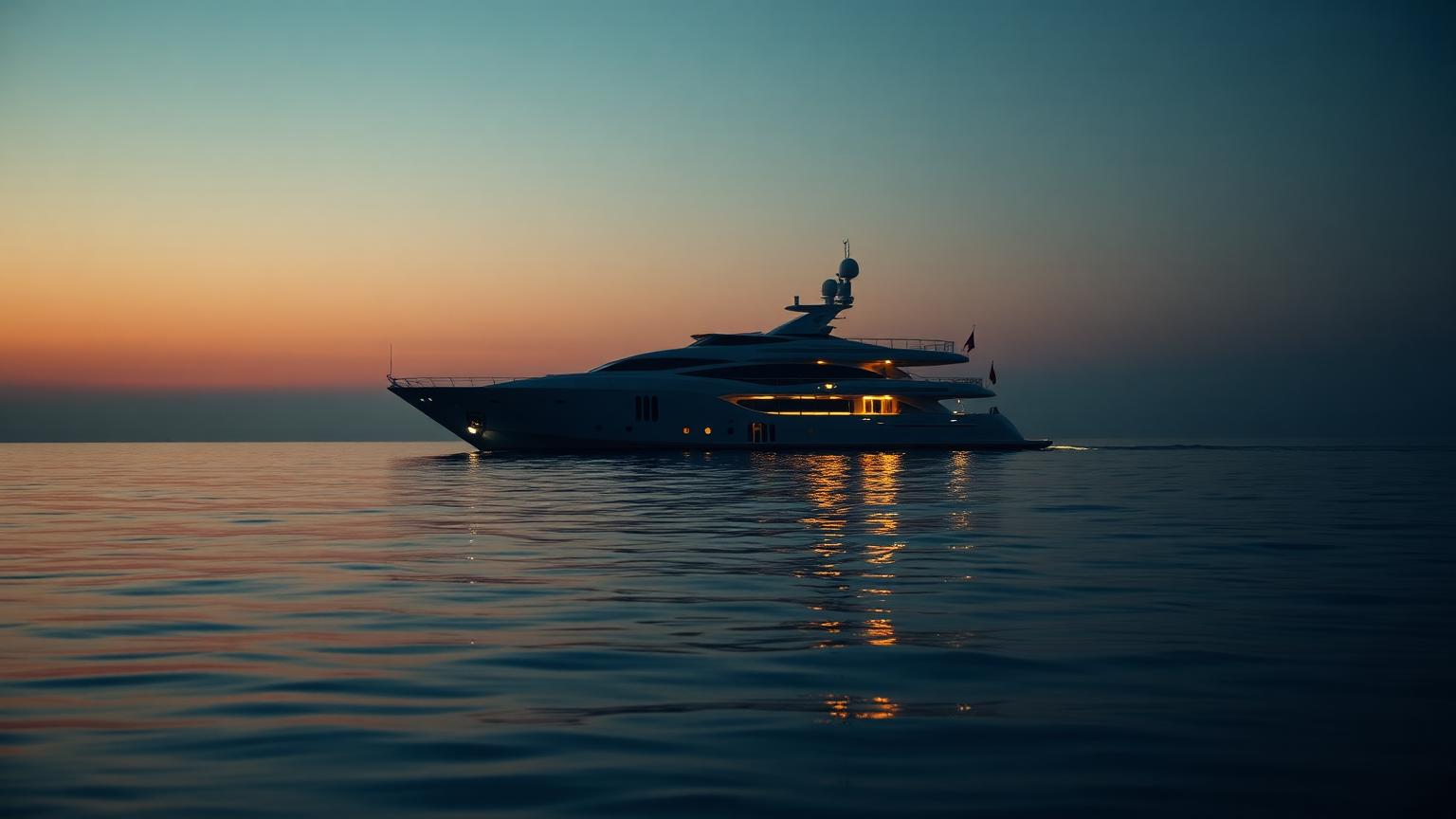 Luxury motor yacht at dawn seen across calm water