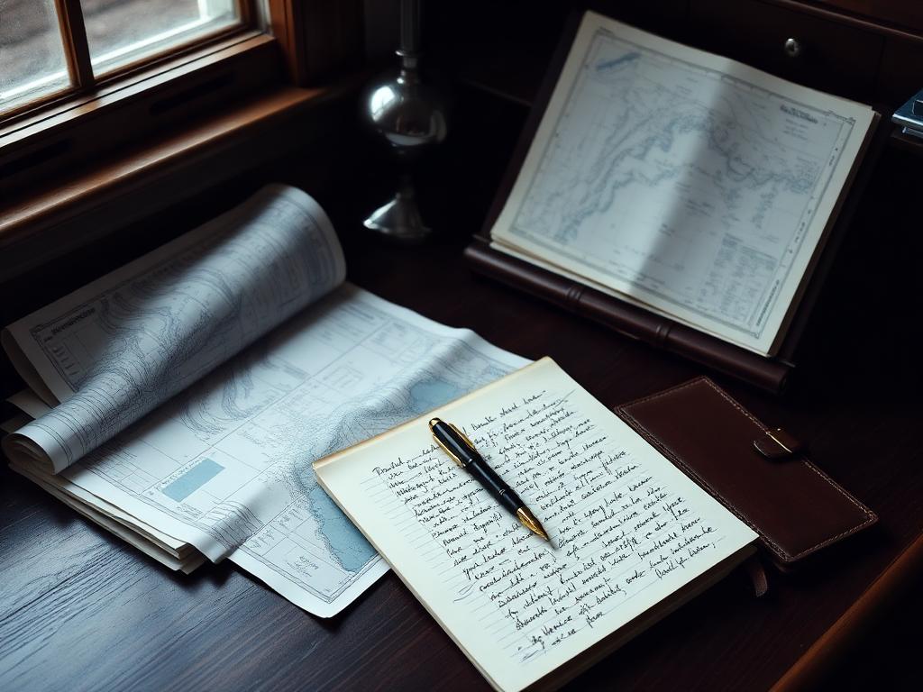 Independent yacht advisor desk with marine charts at dawn
