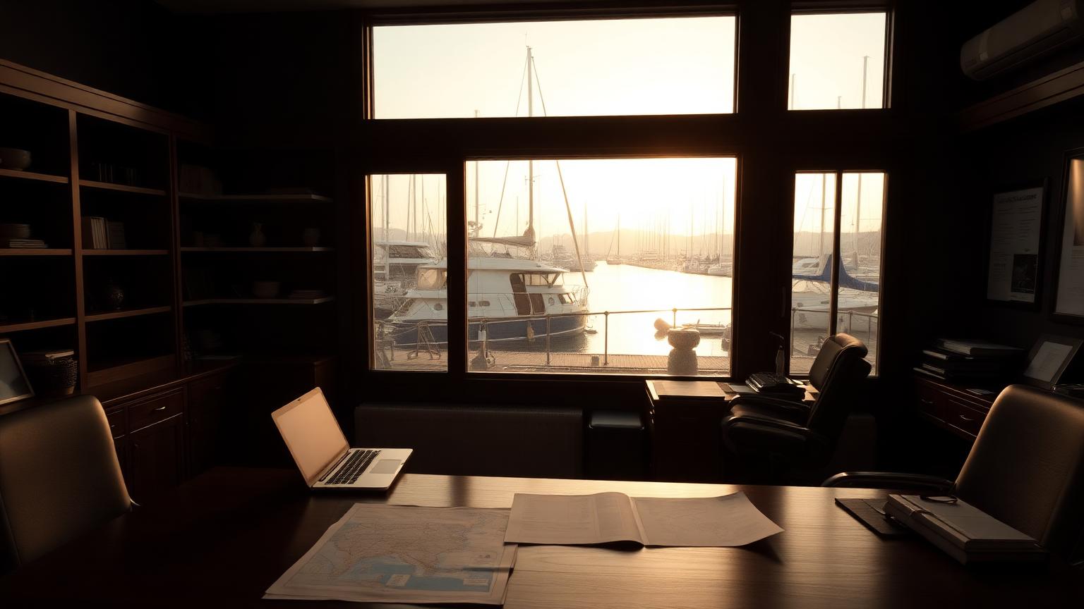 Independent yacht advisor desk with marine charts at dawn