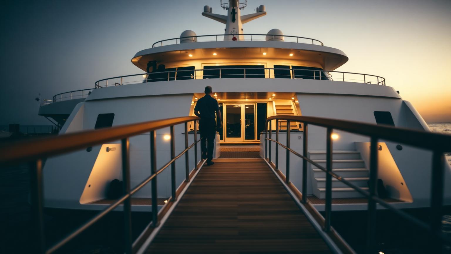 Approaching a yacht passerelle at dusk