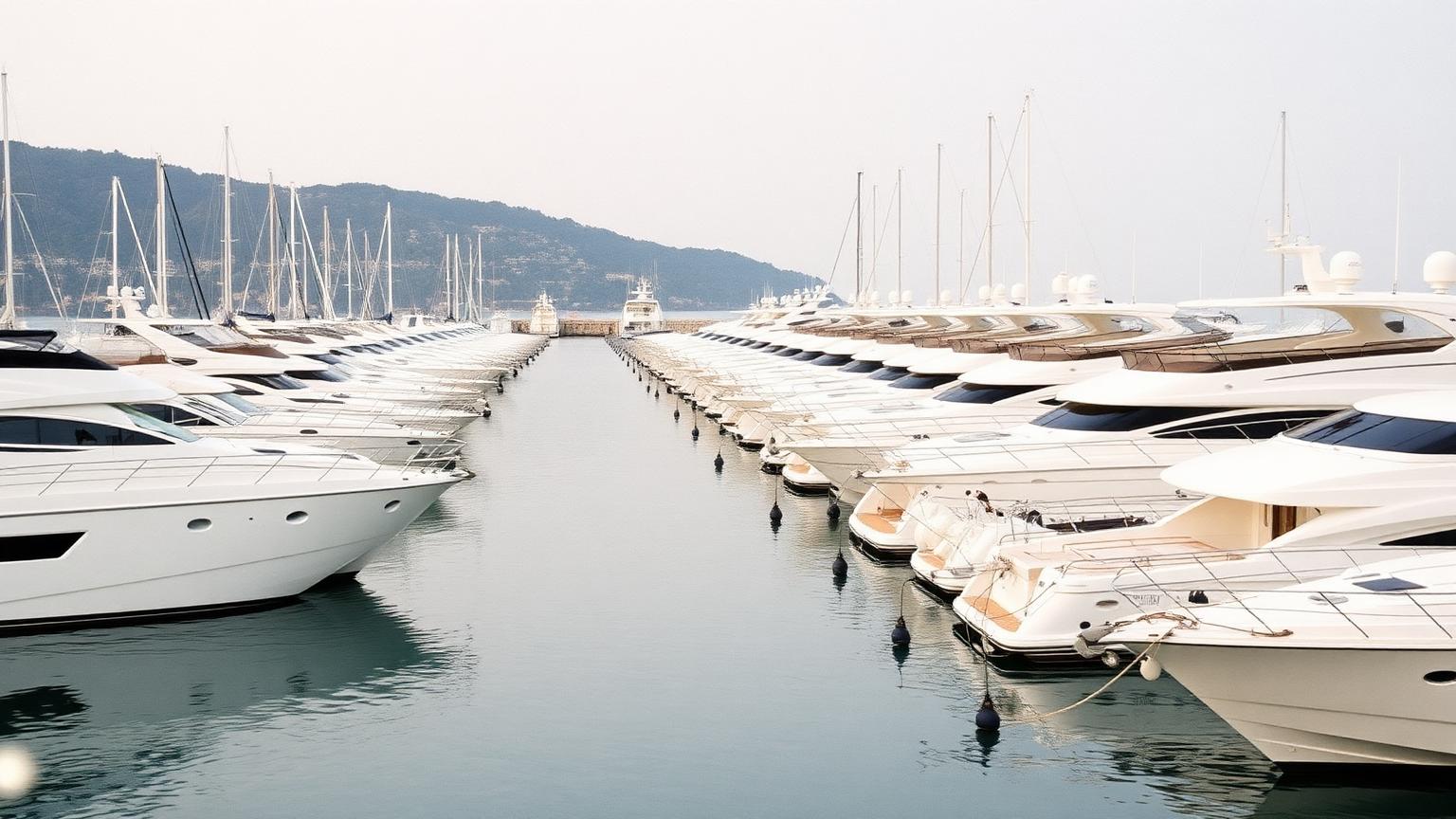 Long row of similar yachts moored in a Mediterranean marina