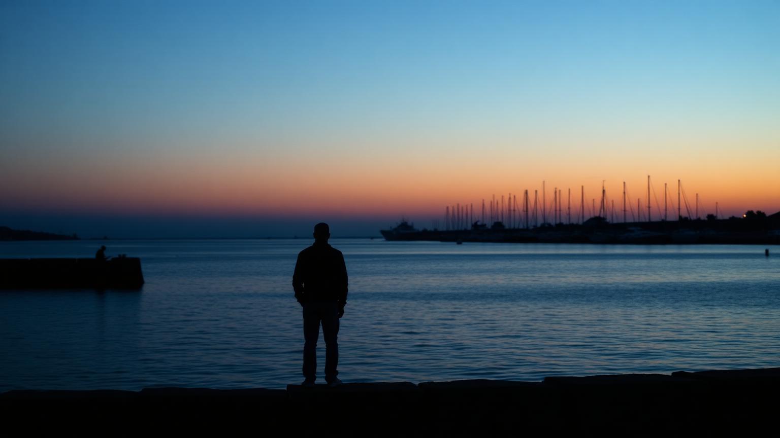Solitary figure overlooking a marina at dusk