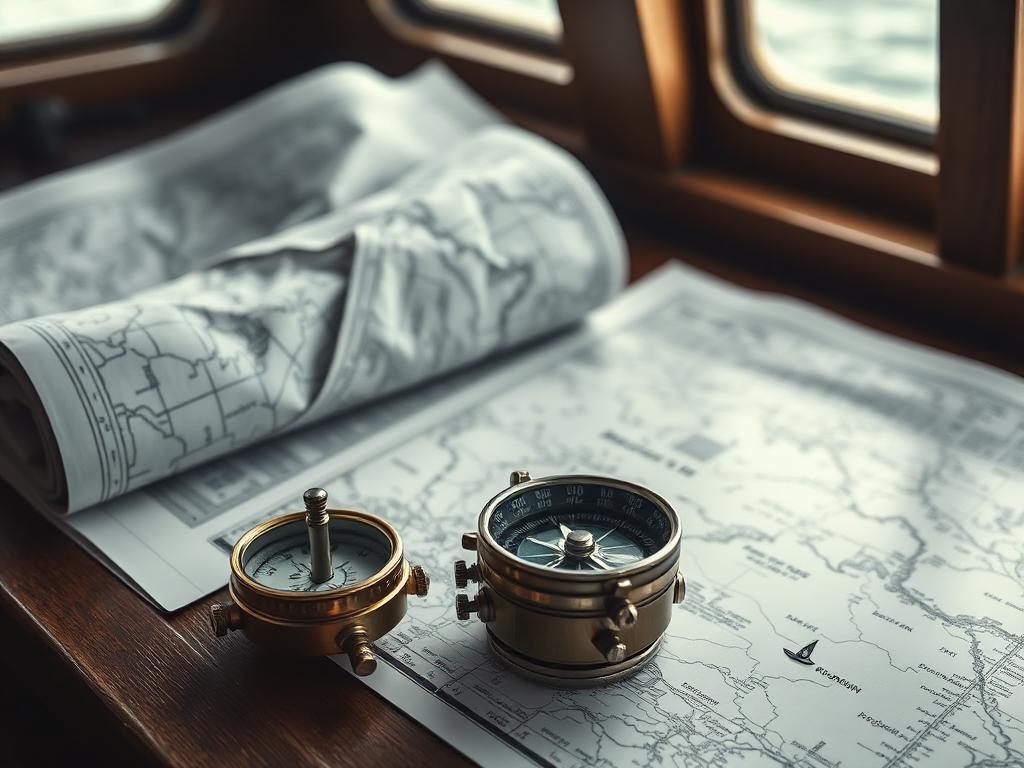Compass and folded sea charts on a captain's table