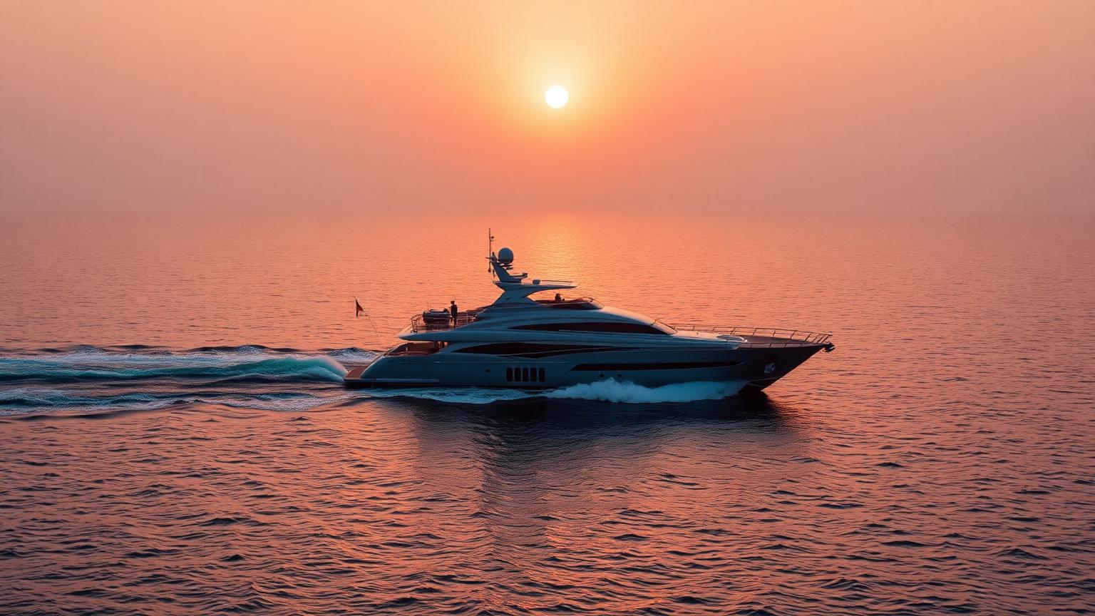 Superyacht navigating Gulf waters at sunrise
