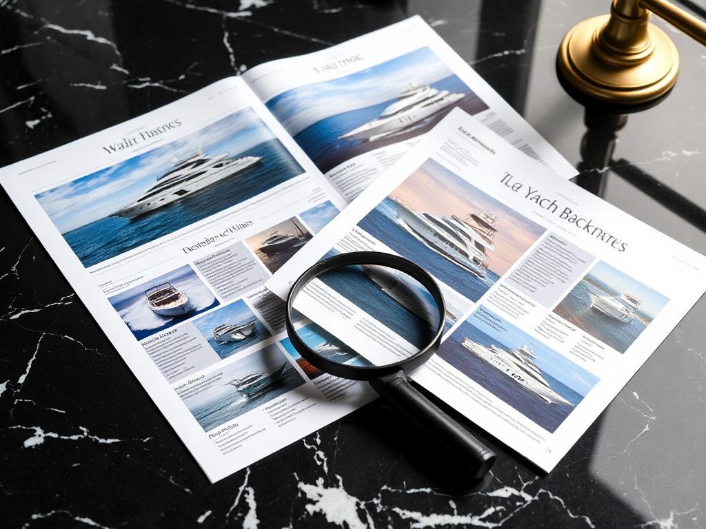 Printed yacht brokerage listings with magnifying glass