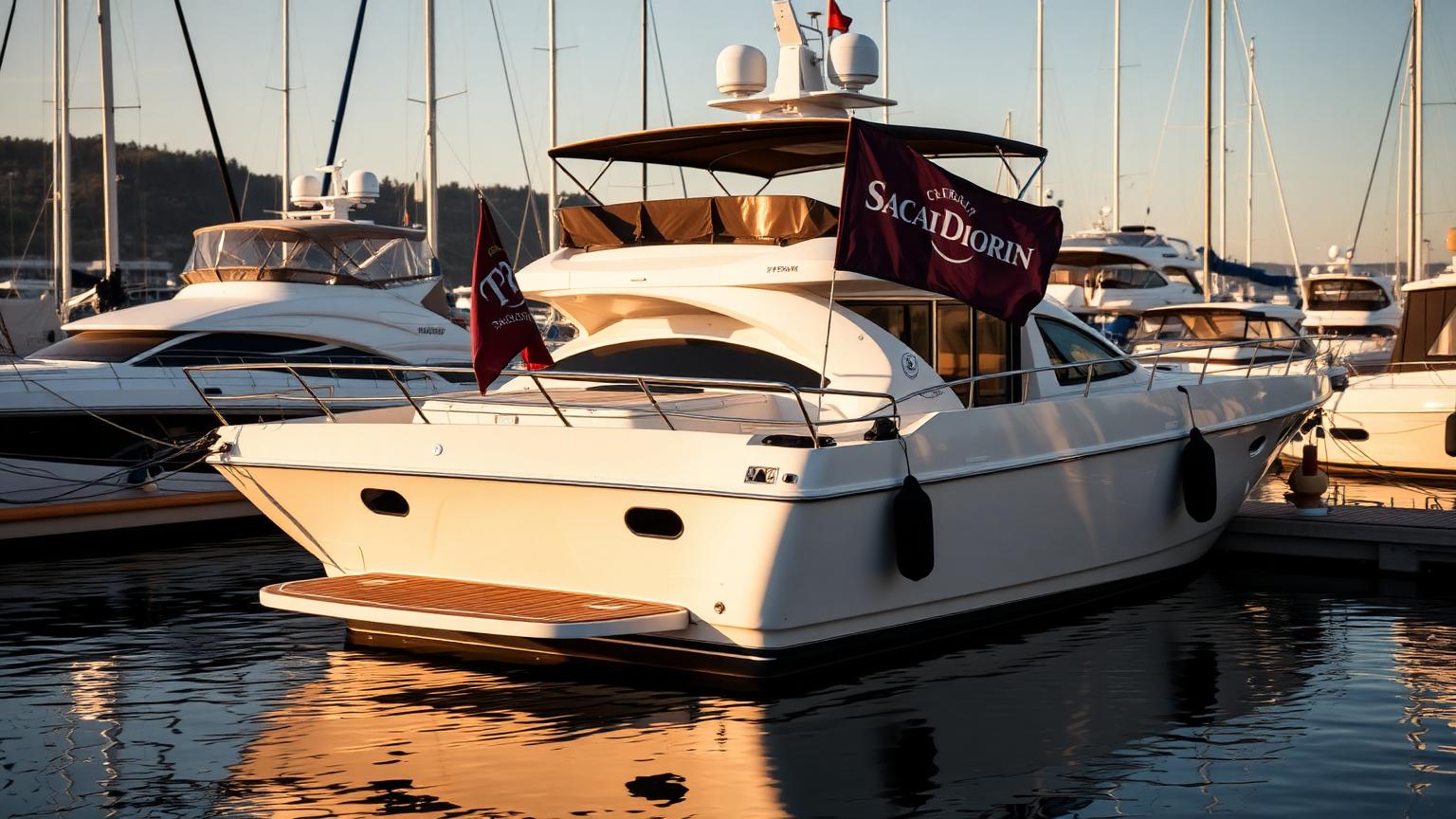 Yacht for sale moored at marina at golden hour