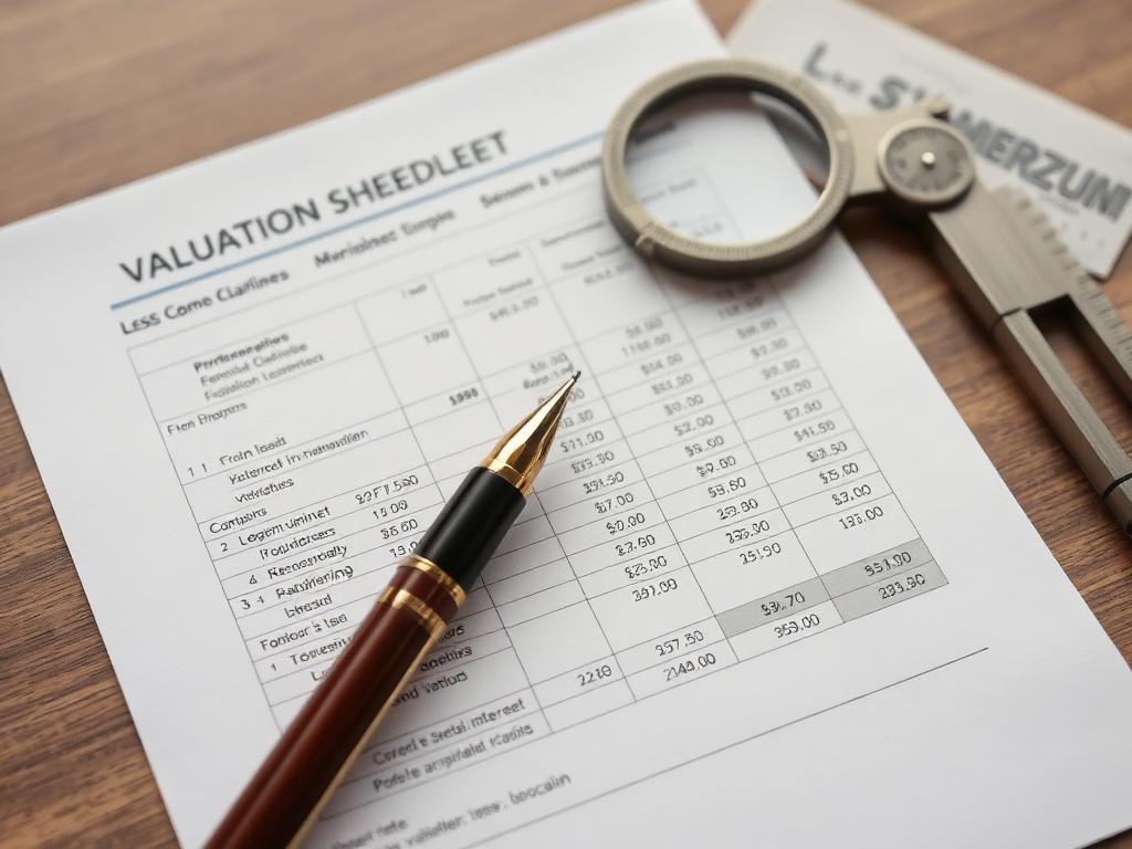 Valuation spreadsheet with fountain pen and brass calipers