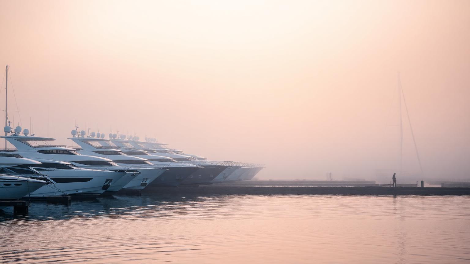 Row of yachts at marina in dawn fog